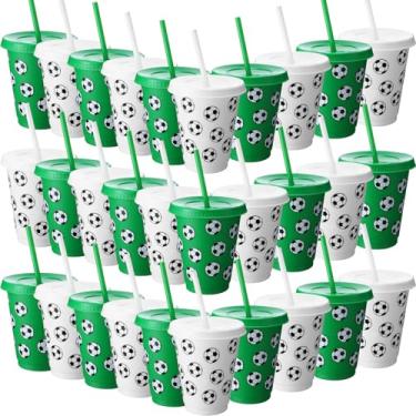 Imagem de Sieral 30 peças de copos de futebol com canudos e tampas, copos de futebol de 473 ml, copos de plástico branco e verde reutilizável, caneca de viagem para café gelado para decoração de festa com tema