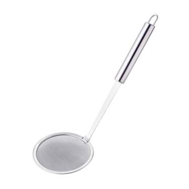 Imagem de Colher de escumadeira de aço inoxidável com filtro de malha fina com alça longa de prata, peneira de alimentos de cozinha de metal multifuncional para fritar, filtro de gordura e ferramentas