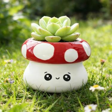 Imagem de Vaso de cerâmica para cogumelos com drenagem – Vasos engraçados para plantas de interior, suculentas, cactos, porta-canetas, lindos vasos de suculentas para escritório, decoração de casa e presentes