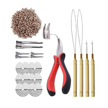 Imagem de Kit de extensões de cabelo com 500 peças de micro anéis de silicone, alicate de cabelo, micro puxador, passador de agulha e microelos de silicone (marrom claro)