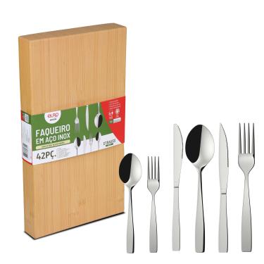 Imagem de Faqueiro Euro Home Strauss Flat FQM42F 42 Peças Aço Inox Cabo Decorado Serve 6 Pessoas