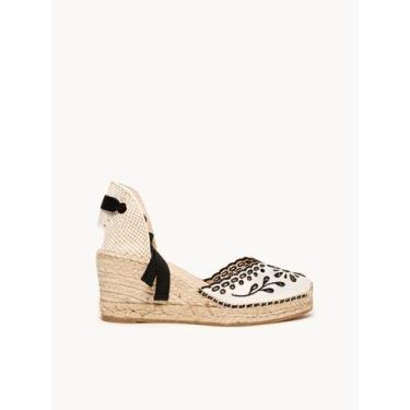 Imagem de Sandália Anabela Média Romero Lona Bordada Preta, Preto, 35