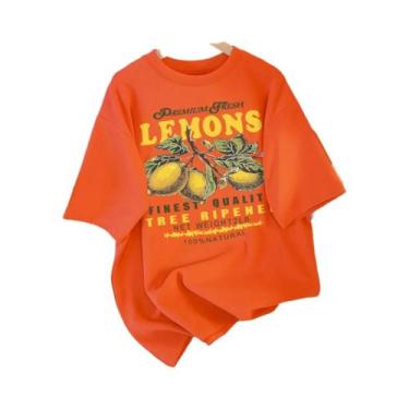 Imagem de Camiseta Feminina Solta De Algodão Com Estampa De Limão, Gola Redonda,