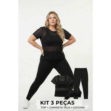 Imagem de Kit Fitness Plus Size Camiseta Tule Top e Legging Suplex-Feminino