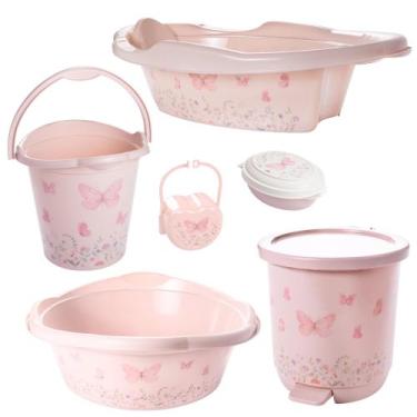 Imagem de Kit banheira de bebê decorada ludica plasutil 6 peças + bacia + lixeir