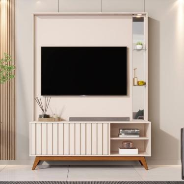 Imagem de Estante Home Ripada para TV ate 60 Polegadas 2 Portas com Pes de Madeira Em MDF Acai JB Moveis