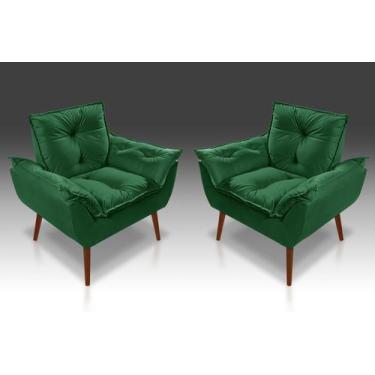 Imagem de Kit 02 Poltrona Opala Com Fibra Siliconada Suede Verde-PANDORA DECOR -