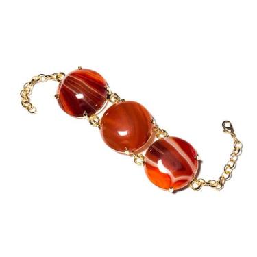 Imagem de Bracelete 3 Pedras Natural Ágata Cornalina Cabochão Dourado - Cristais