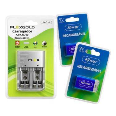 Imagem de Kit 2 Bateria Recarregáv 9v + Carreg Bateria Pilha Aa/aaa/9v - Knup