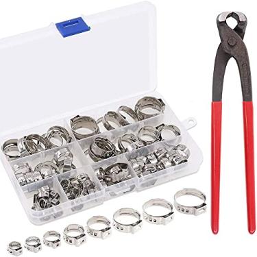 Imagem de 80 Pcs 304 Aço Inoxidável Stepless Orelha Única 7-23.5mm Braçadeiras de Mangueira com Pinça Crimper Kit de Ferramentas | Protegendo mangueiras de tubos automotivos | Pinça de pinça de anéis de fivela, variedade de pinças de crimpagem de crimpagem PEX
