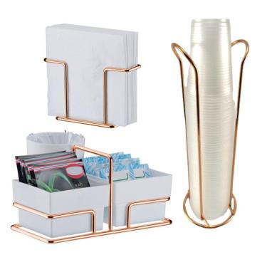 Imagem de Kit Porta Sachês Café Chá Açúcar + Suporte Porta Copos Descartáveis Guardanapo Rose Gold - Future