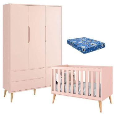 Imagem de Berço Americano com Colchão e Guarda Roupa Theo 3 Portas Pés Madeira Natural