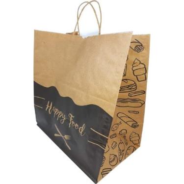 Imagem de 50 Sacolas De Papel Kraft Alça Torcida Delivery Tamanho Grande G 30x31x19 HAPPY FOOD