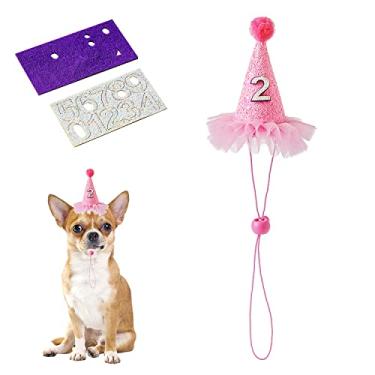Imagem de Gesuche 1 pacote de chapéu de festa de aniversário para cães pequenos, para meninos e meninas, cães médios, gatos, filhotes, chapéus de festa com 0-9 números, acessórios de cuidados para gatinho, faixa de cabeça, acessórios de cuidados (rosa)