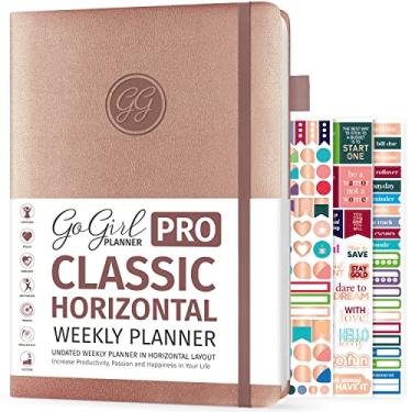 Imagem de GoGirl Planner PRO - Planejador e organizador semanal de layout horizontal sem data + páginas de rastreamento de orçamento e despesas, diário e agenda de metas, capa dura 18 x 25 cm, dura 1 ano - ouro