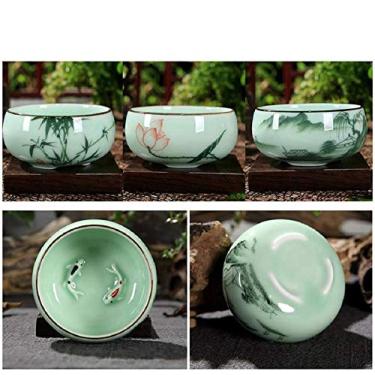 Imagem de Hotumn Celadon Xícara de chá de porcelana chinesa kungfu xícara de chá peixe e padrão de lótus conjunto de 3 (Celadon)