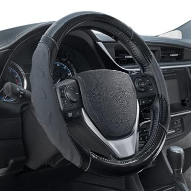 Imagem de Motor Trend SW-813 Capa de volante de couro com detalhes de fibra de carbono com sulcos de tração avançados, ajuste universal para tamanhos padrão 14,5 15 15,3 polegadas (preto + cinza Grip Plus)