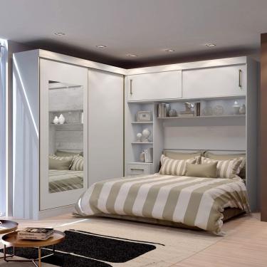 Imagem de Guarda Roupa Casal com Cabeceira Queen e Espelho 4 Portas de Correr 3 Gavetas Florença Siena Móveis Branco/frassino Jacarta Lacca