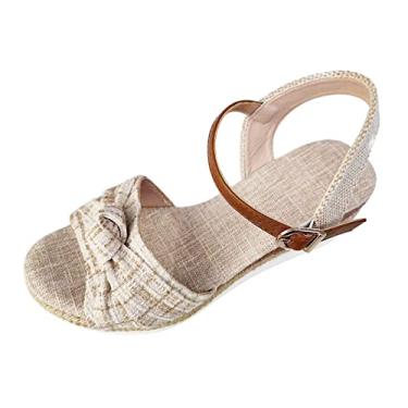 Imagem de Sandálias femininas moda verão tecido laço nó aberto dedo aberto salto anabela sandálias casuais fivela tira sandálias (bege, 8,5)