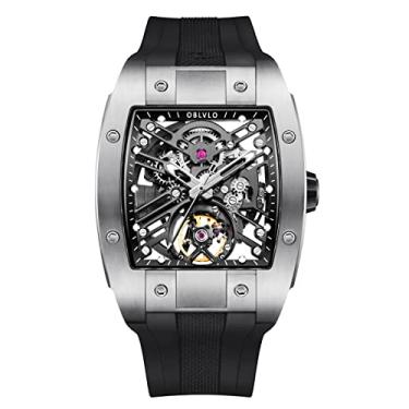 Imagem de OBLVLO Marca de luxo Relógio masculino esportivo Quadrado Tonneau Esqueleto Aço Fibra de carbono Relógio mecânico automático Pulseira de borracha Relógios EM-ST (EM-ST-YBB)