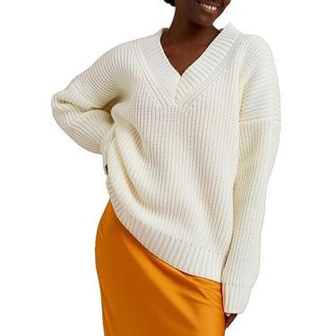 Imagem de Suéter feminino de malha com decote em V, suéter quente de manga comprida, cor pura, ajuste casual, suéter feminino, outono, Branco marfim, P