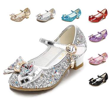 Imagem de ZJBPHL Sapatos femininos de salto baixo flor festa casamento princesa Mary Jane sapatos (bebê/criança pequena/criança grande), Prata - 01, 10 Toddler