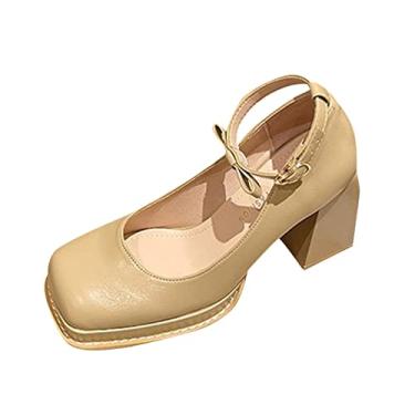 Imagem de Sapatos casuais femininos moda bico quadrado salto alto salto grosso salto quadrado confortável simples primavera sandálias femininas, Caqui, 7