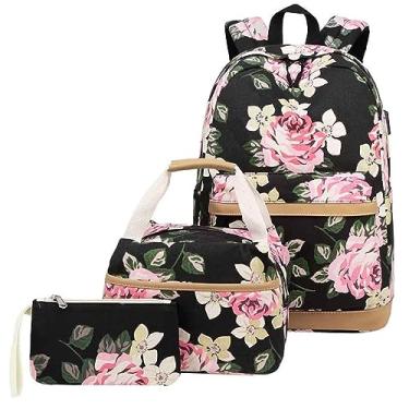 Imagem de Mochila infantil com rodas floral mochila escolar com porta de carregamento USB 3 peças lancheira, Preto, One Size, Mochilas