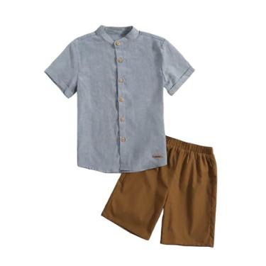 Imagem de Floerns Conjunto de 2 peças de camisa lisa de botão para meninos com shorts, Azul e marrom, 10Y