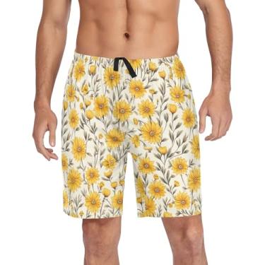 Imagem de CHIFIGNO Calças de pijama masculinas, shorts lounge, calças de pijama com bolsos e cordão, Girassóis amarelos vintage, P