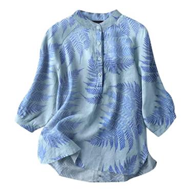 Imagem de Camiseta feminina verão gola mandarim botão manga 3/4 estampada túnica fina e leve blusas casuais Camisa Estampado Lençóis de algodão Na moda feminina babados feminina Folhas M65-Azul Small