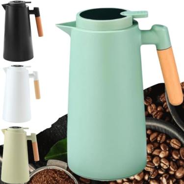 Imagem de Garrafa Térmica de Café 1000ml Plástico com Cabo de Madeira e Termômetro 1L vacuo Utensílios de Cozinha Mesa Posta Decoração Itens Para Casa Perfeita Para Café e Chá Quente e Frio (Verde)