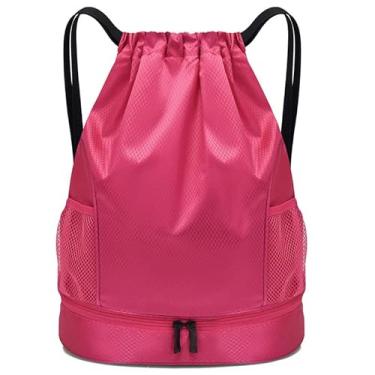 Imagem de Bolsa com cordão, mochila leve com suporte para garrafa de água e bolsos, mochila esportiva de ginástica, Vermelho rosa, Large, Esportes