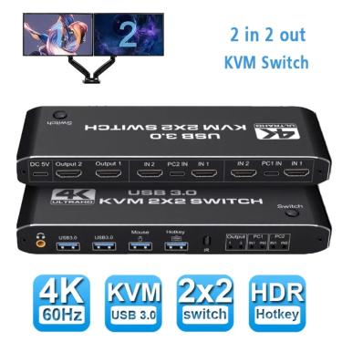 Imagem de Monitor duplo HDMI KVM Switch  2 em 2 saídas  USB 3.0  4K  60Hz  2x2  Display misto  2 monitores