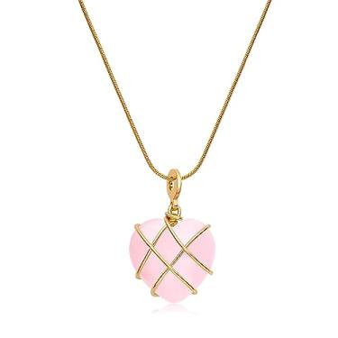 Imagem de Medsor Pingente de coração de quartzo rosa opala para mulheres e meninas colares de amizade de aço inoxidável, 1, Banhado a ouro, Opala