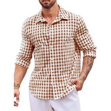 Imagem de Runcati Camisa masculina xadrez de manga comprida com colarinho de algodão casual verão praia, Cáqui escuro, GG