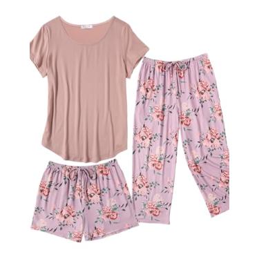 Imagem de Ekouaer Conjunto de pijama capri de 3 peças para mulheres, conjunto de pijama de manga curta, estampa floral, tops e shorts, conjunto de pijama plus size, Flores rosa, GG