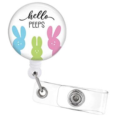 Imagem de Carretel de crachá de Páscoa, 3 coelhos, retrátil com clipe jacaré, presente de Páscoa, estudante de escritório, decoração de identificação de feriado, decoração de nome de enfermeira médica