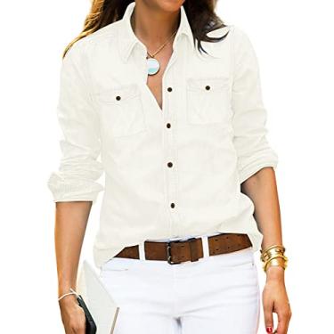 Imagem de luvamia Camisa jeans feminina de cambraia camisas ocidentais manga longa com botões, Branco brilhante, XP
