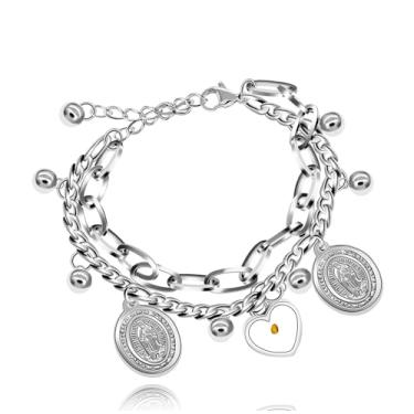 Imagem de Tobestu Pulseira Mother Mary Miraculous Medal Link Chain Bracelet Mustard Seed Cross Christian Jewelry Pulseira de aço inoxidável Y705, Adjustable, Aço inoxidável, resina