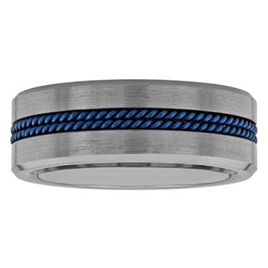 Imagem de STEEL NATION JEWELRY Aliança de casamento masculina de carboneto de tântalo 8 mm com acabamento escovado em tom prateado com detalhes em corda azul, Metal, Sem pedra preciosa
