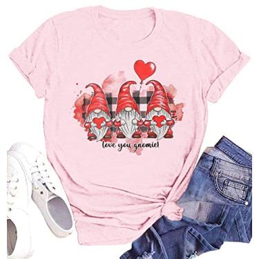 Imagem de Camisa de Dia dos Namorados para Mulheres Bonito Gnomos Camiseta Love Heart Impresso Camisas Manga Curta Camisetas Gráficas Tops