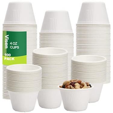 Imagem de Pacote com 100 copos compostáveis, copos de papel descartáveis para condimento, copos de café de papel de 118 g, copos de suflê 100% biodegradáveis, copos descartáveis, copo de bebida quente/fria para água, suco (branco)