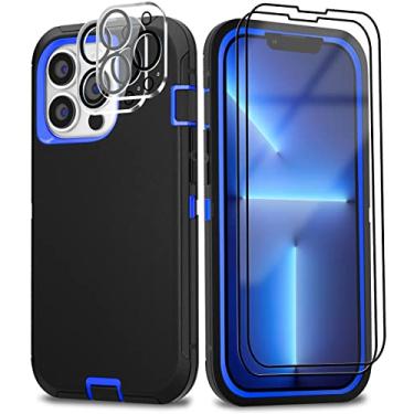 Imagem de BypaBox Capa para iPhone 13 Pro Max com 2 películas de vidro temperado e 2 protetores de lente de câmera, capa de telefone resistente de grau militar à prova de quedas de 6,7 polegadas (preto + azul)