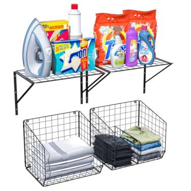 Imagem de VANMEE Pacote com 4 prateleiras de lavanderia montadas na parede com cestas de arame, prateleira de arame sobre a lavadora e secadora, organizador de lavanderia e armazenamento com 2 divisórias