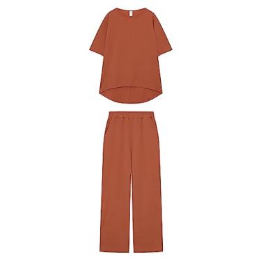 Imagem de Conjunto de 2 peças de linho para mulheres 2024 verão casual moda grande manga 3/4 top calça capri perna reta roupas, Laranja, X-Large