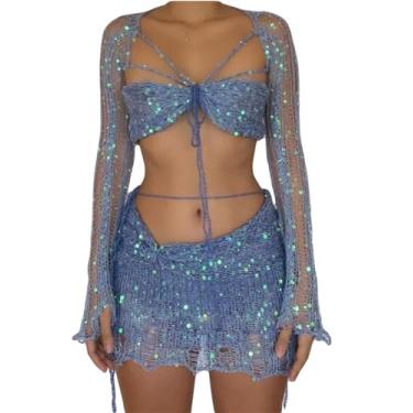 Imagem de WSNPTUL Conjunto de lingerie sexy de tricô de crochê, roupas rave, minissaia feminina com lantejoulas brilhantes, Azul, Large