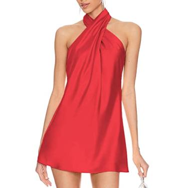 Imagem de BELONGSCI Vestido feminino de cetim de verão 2024 cruzado sem mangas frente única decote coquetel vestido mini, L3: Vermelho, G