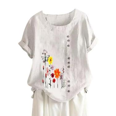 Imagem de Túnica feminina de algodão e linho, estampa floral, blusa de manga curta, vintage, boêmia, básica, A - Branco, 5G
