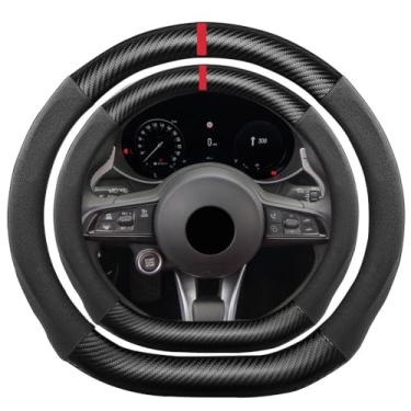 Imagem de K LAKEY Capa de volante de fibra de carbono em camurça em forma de D, compatível com Alfa Romeo Giulia Stelvio 38 cm fundo plano macio Alcantara Touch couro esportivo antiderrapante acessórios